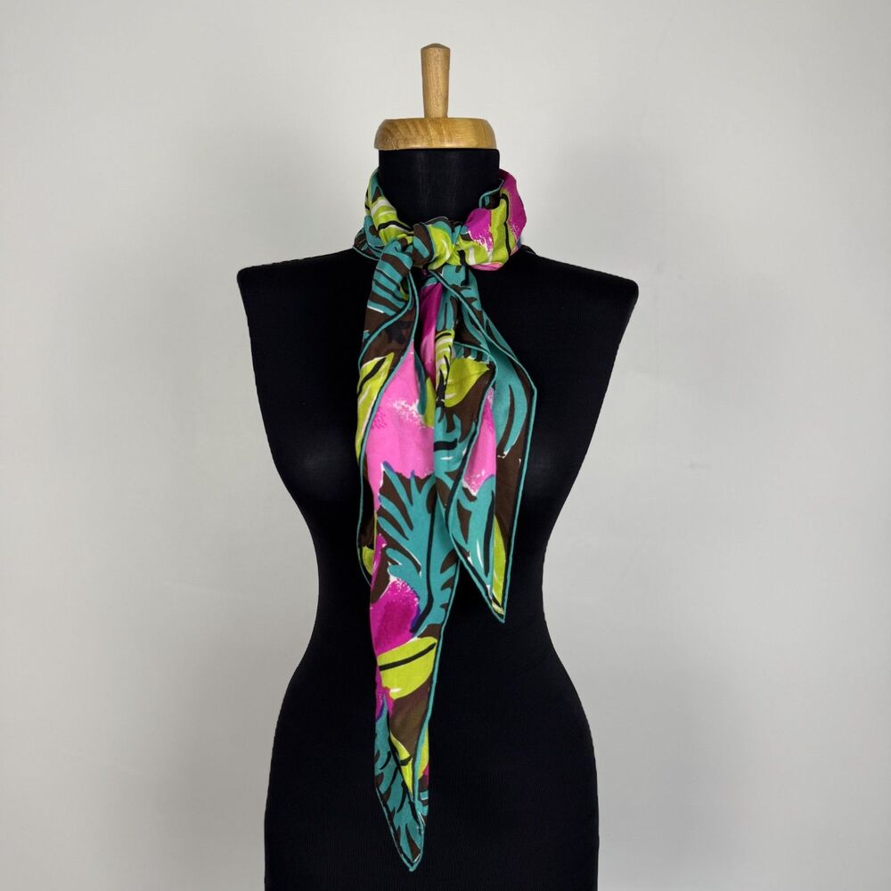 Vintage Vera Neumann Floral Scarf Pink Green Brown Hand Rolled Ladybug Logo - Picture 5 of 13